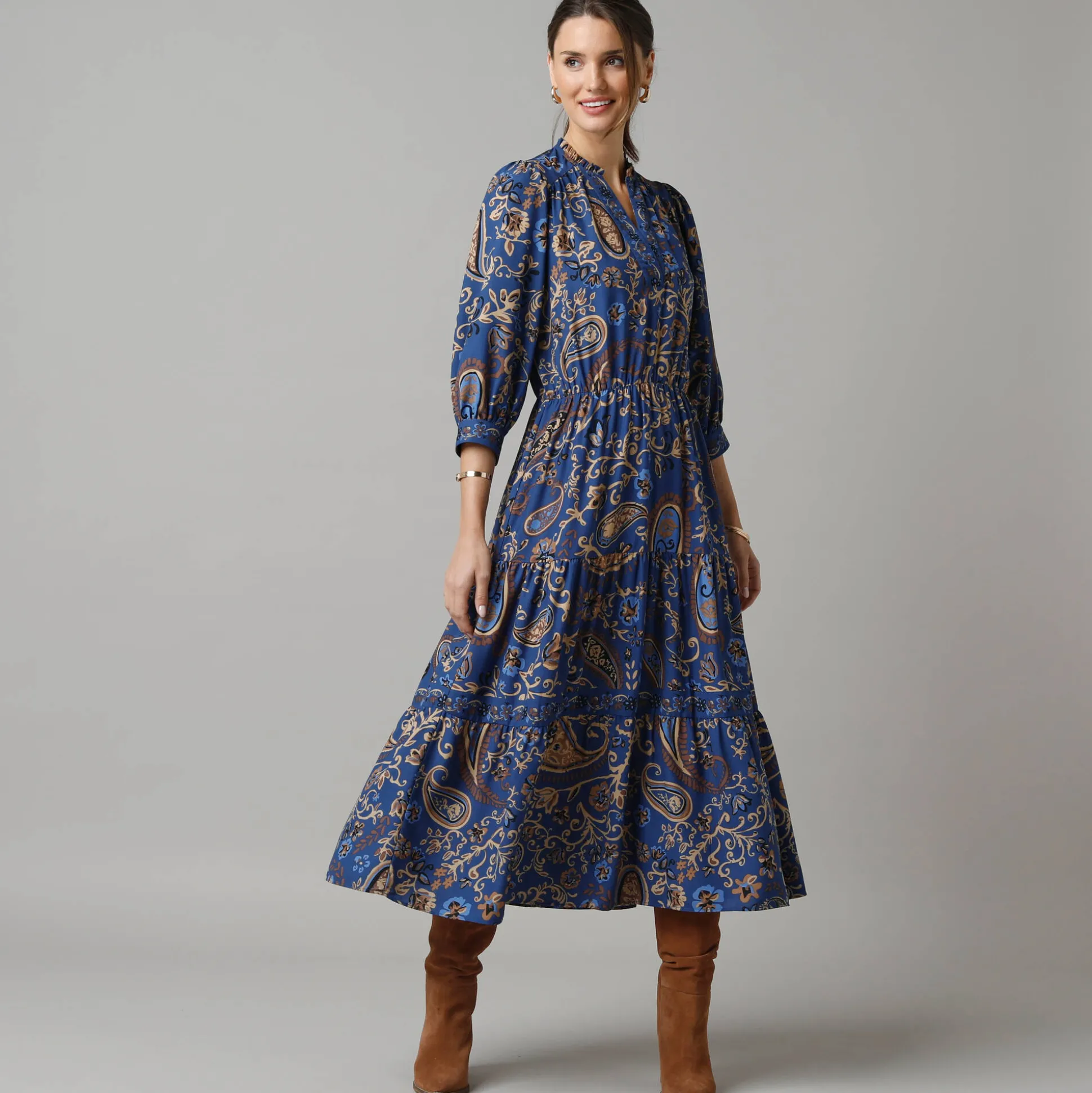 Lange jurk met elastische taille, bedrukte crêpe
