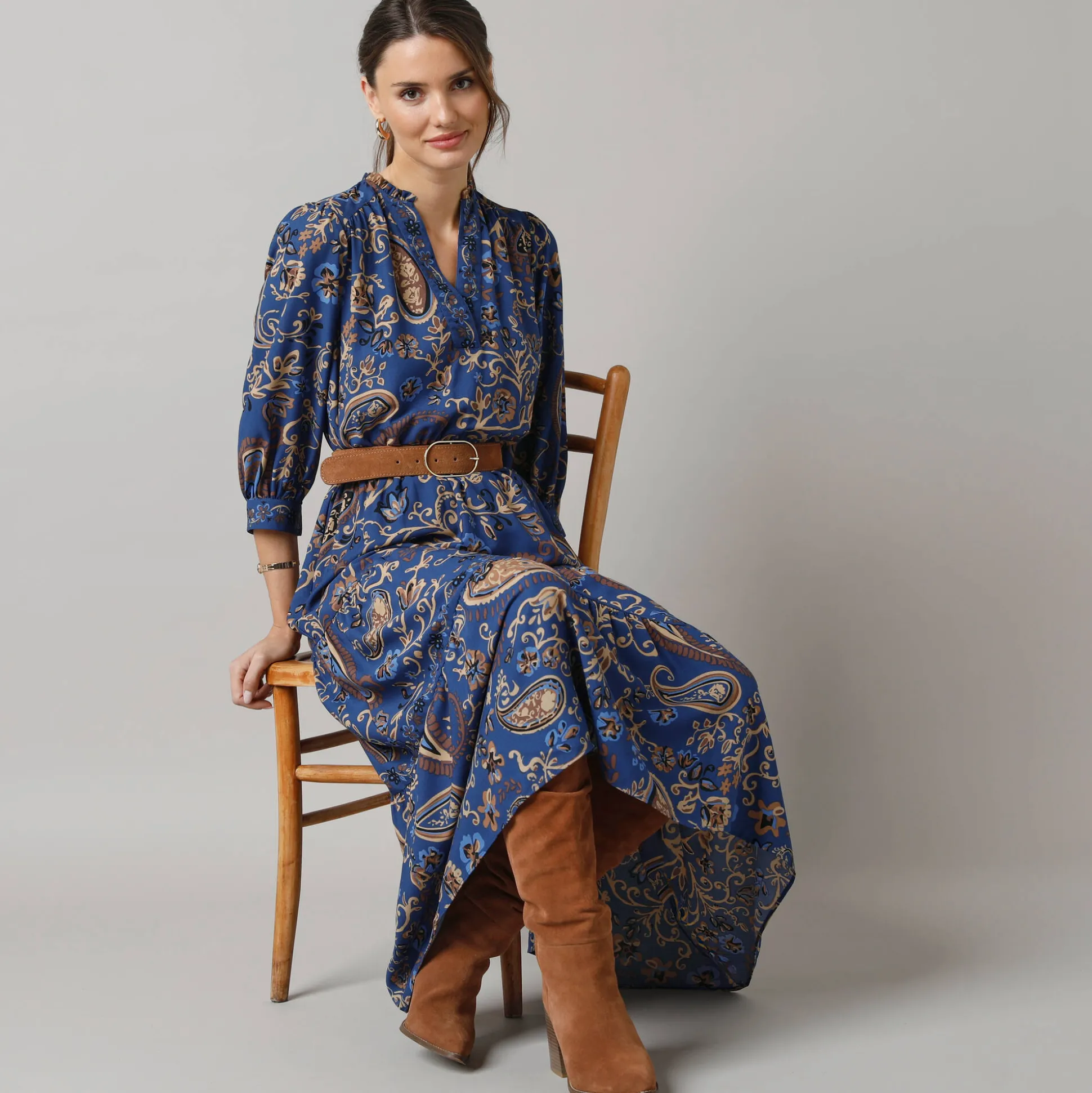 Lange jurk met elastische taille, bedrukte crêpe
