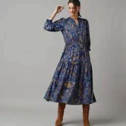 Lange jurk met elastische taille, bedrukte crêpe