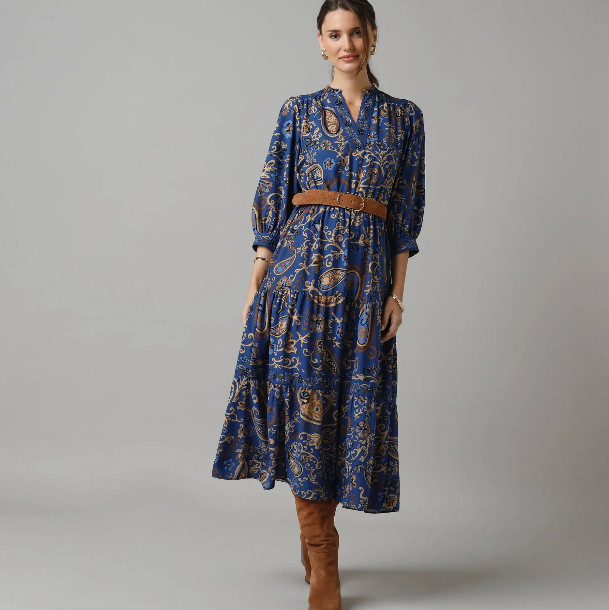Lange jurk met elastische taille, bedrukte crêpe