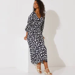 Lange jurk met knopen in crepon, grafische print