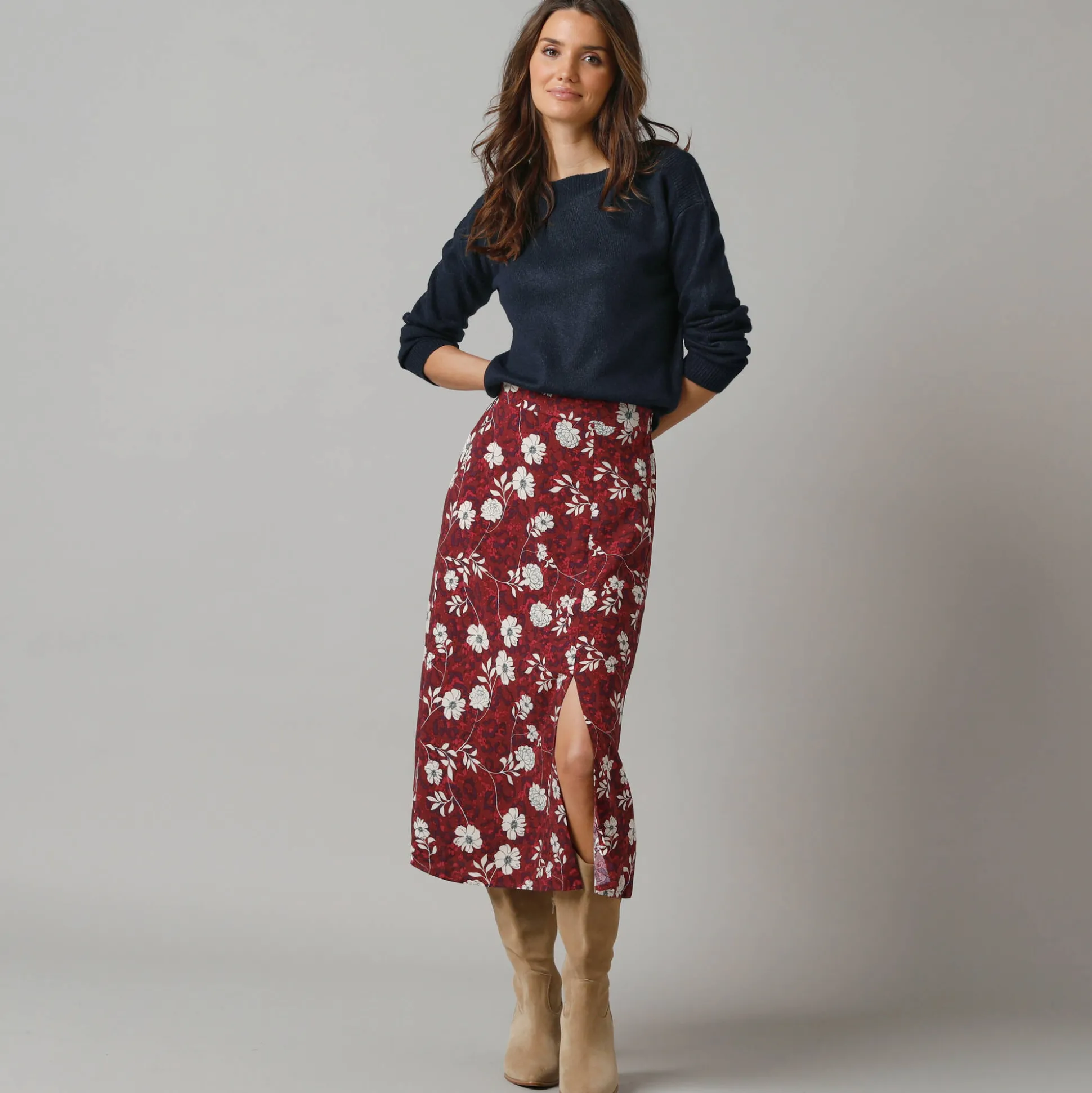 Lange rok met split, bloemenprint