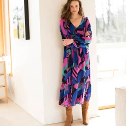Lange, soepele en bedrukte jurk met V-hals, viscose