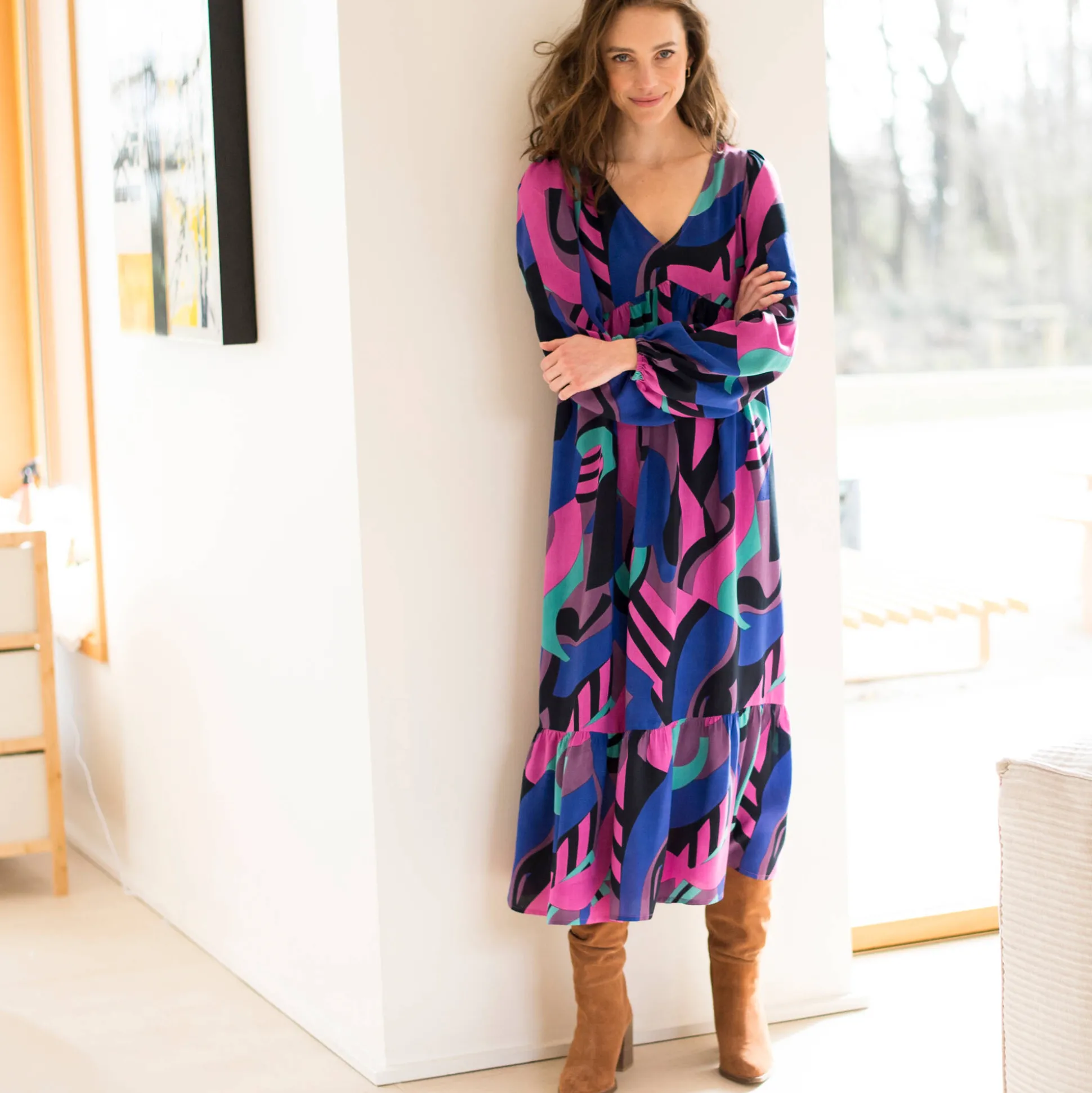 Lange, soepele en bedrukte jurk met V-hals, viscose