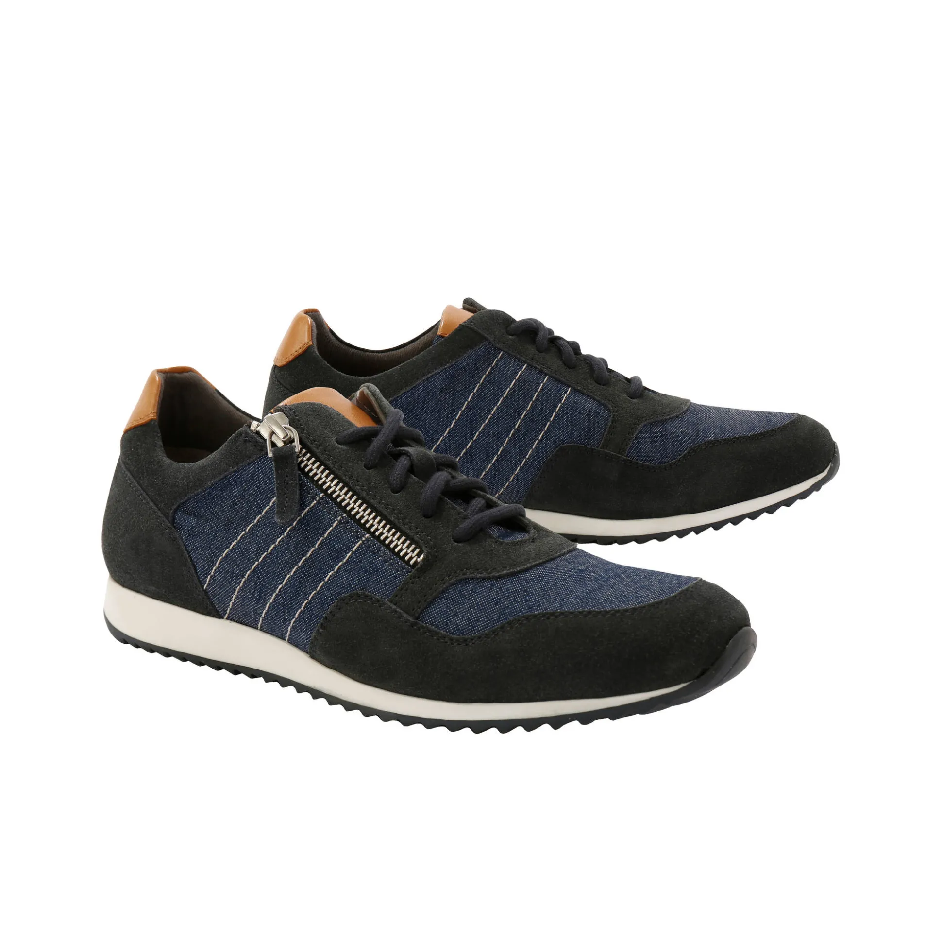 Leren sneakers in 2 materialen, veters en rits