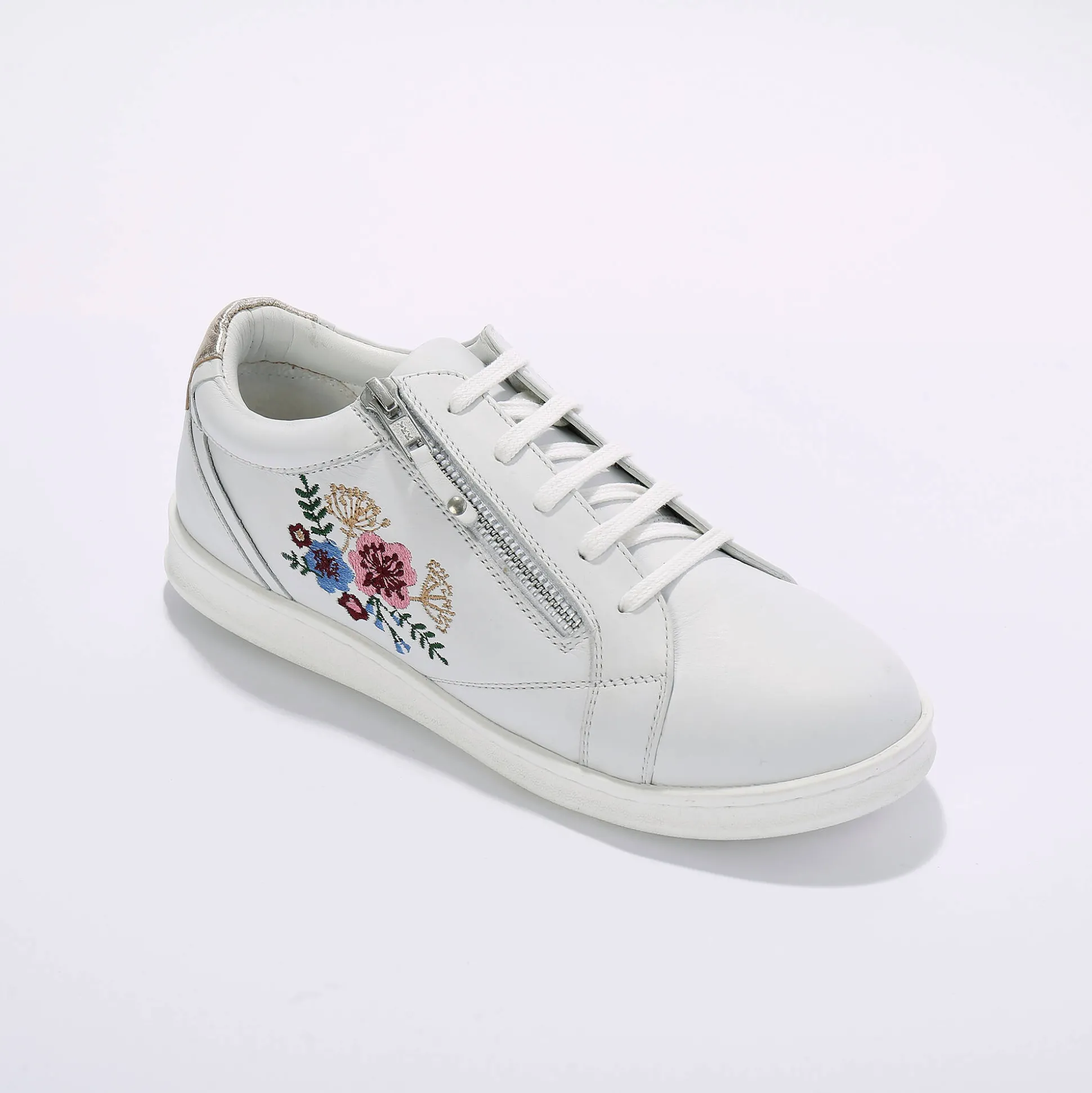 Leren sneakers met rits en bloemenborduursel