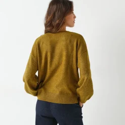Loose trui met bloezende mouwen, chiné tricot in wolmengeling