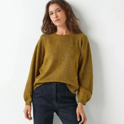 Loose trui met bloezende mouwen, chiné tricot in wolmengeling