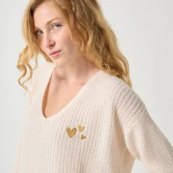 Loose trui met V-hals en geborduurde hartjes, patenttricot