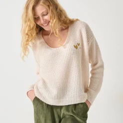 Loose trui met V-hals en geborduurde hartjes, patenttricot