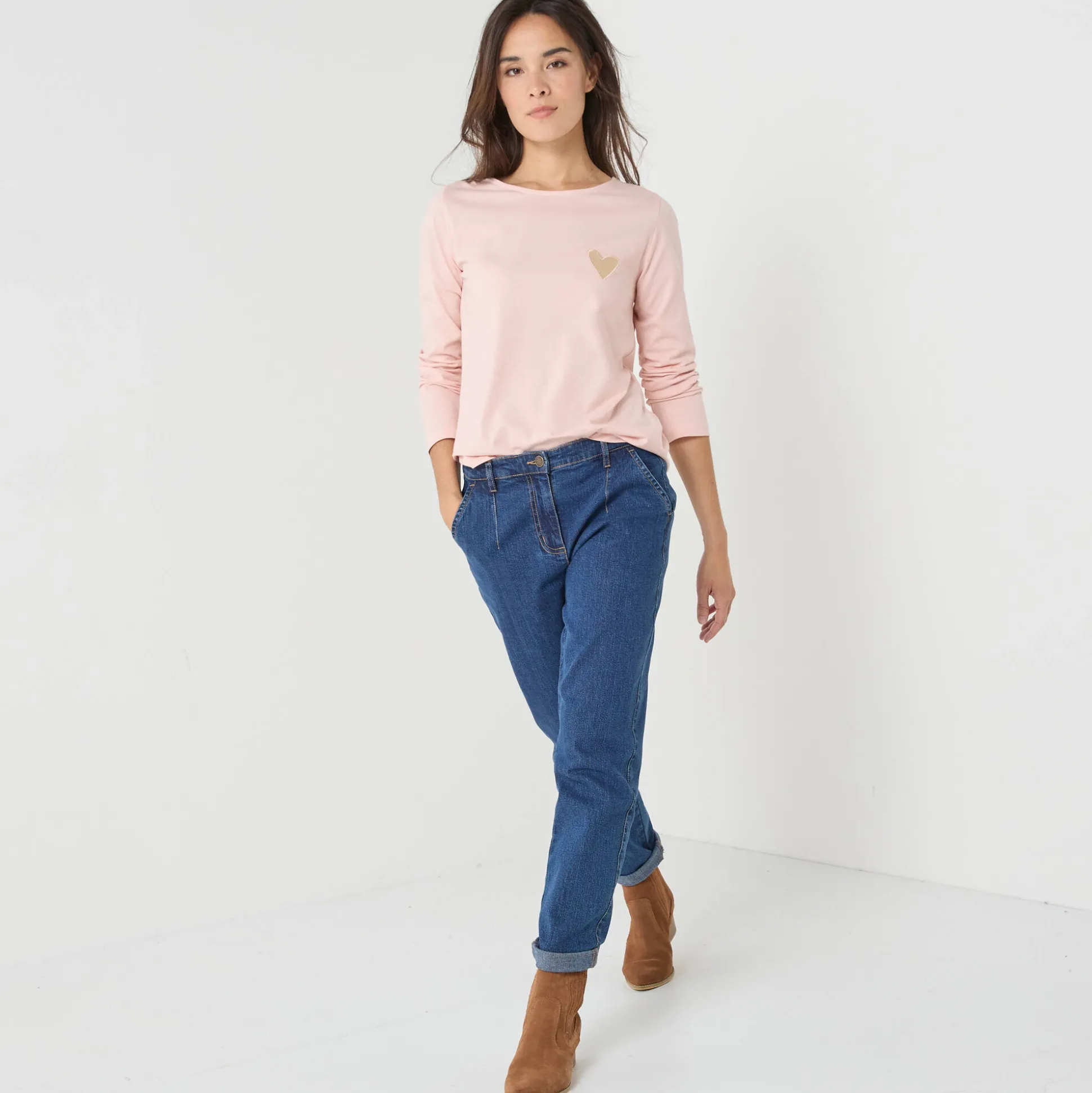 Marineshirt met lange mouwen, geborduurd hartje in effen of luipaard