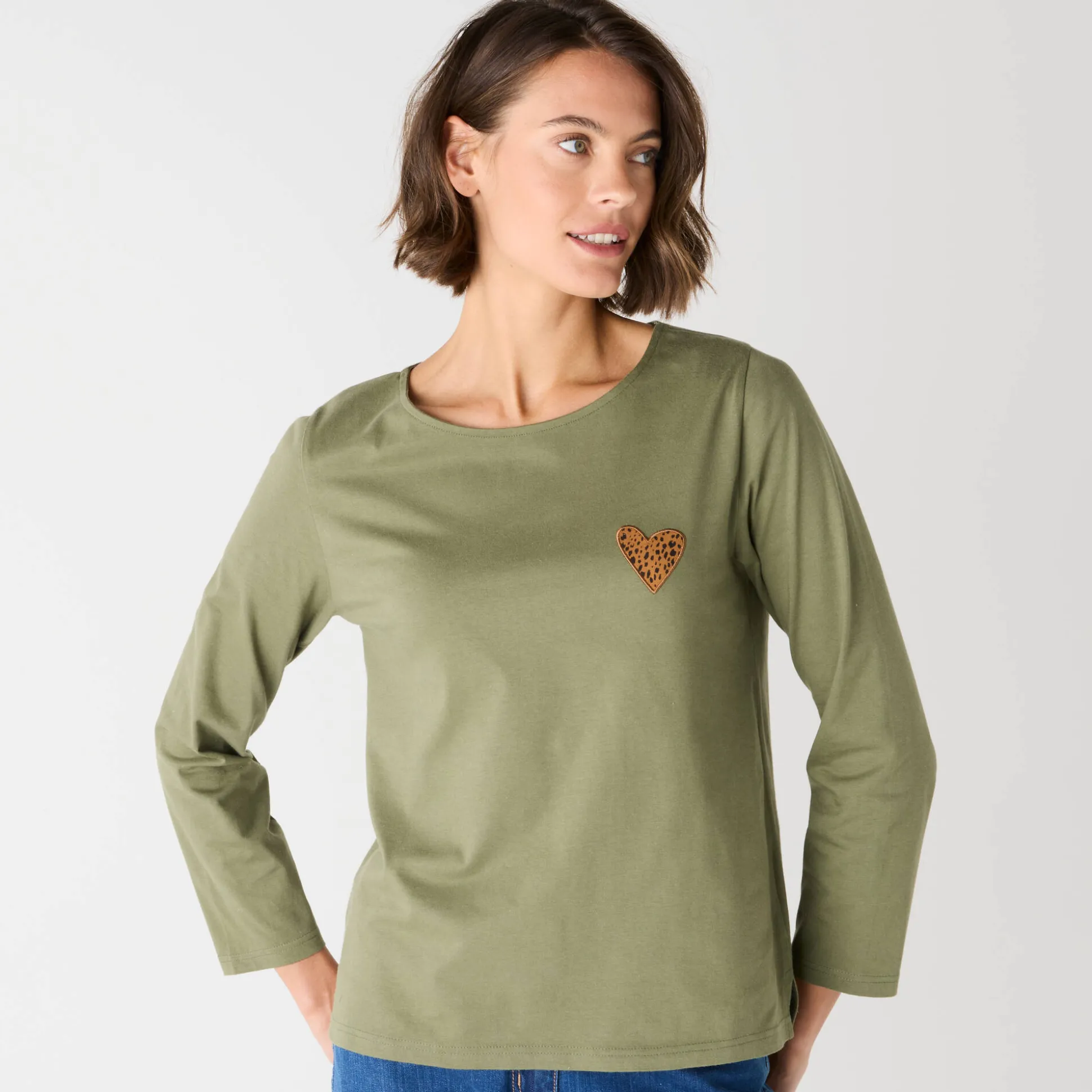 Marineshirt met lange mouwen, geborduurd hartje in effen of luipaard