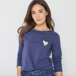 Marineshirt met lange mouwen, geborduurd hartje in effen of luipaard