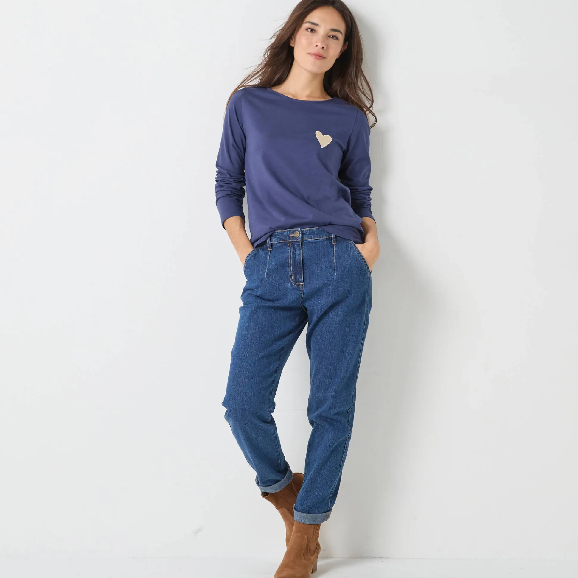 Marineshirt met lange mouwen, geborduurd hartje in effen of luipaard