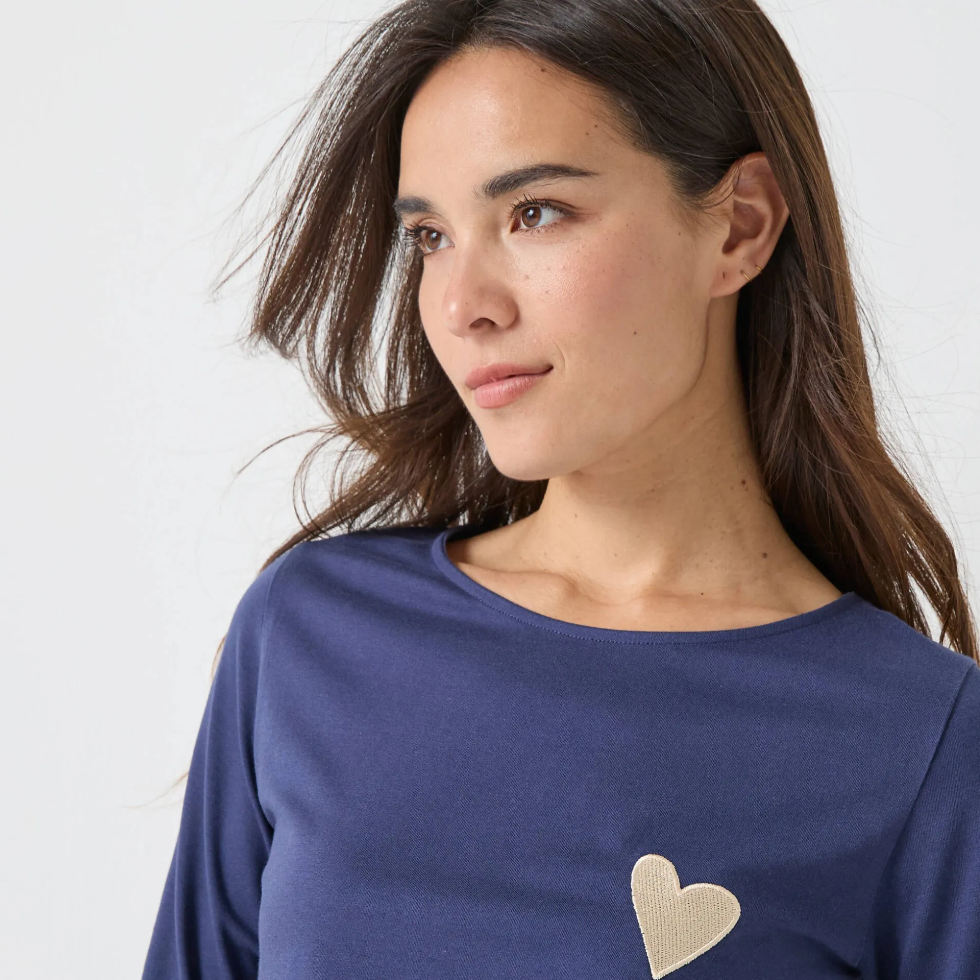 Marineshirt met lange mouwen, geborduurd hartje in effen of luipaard