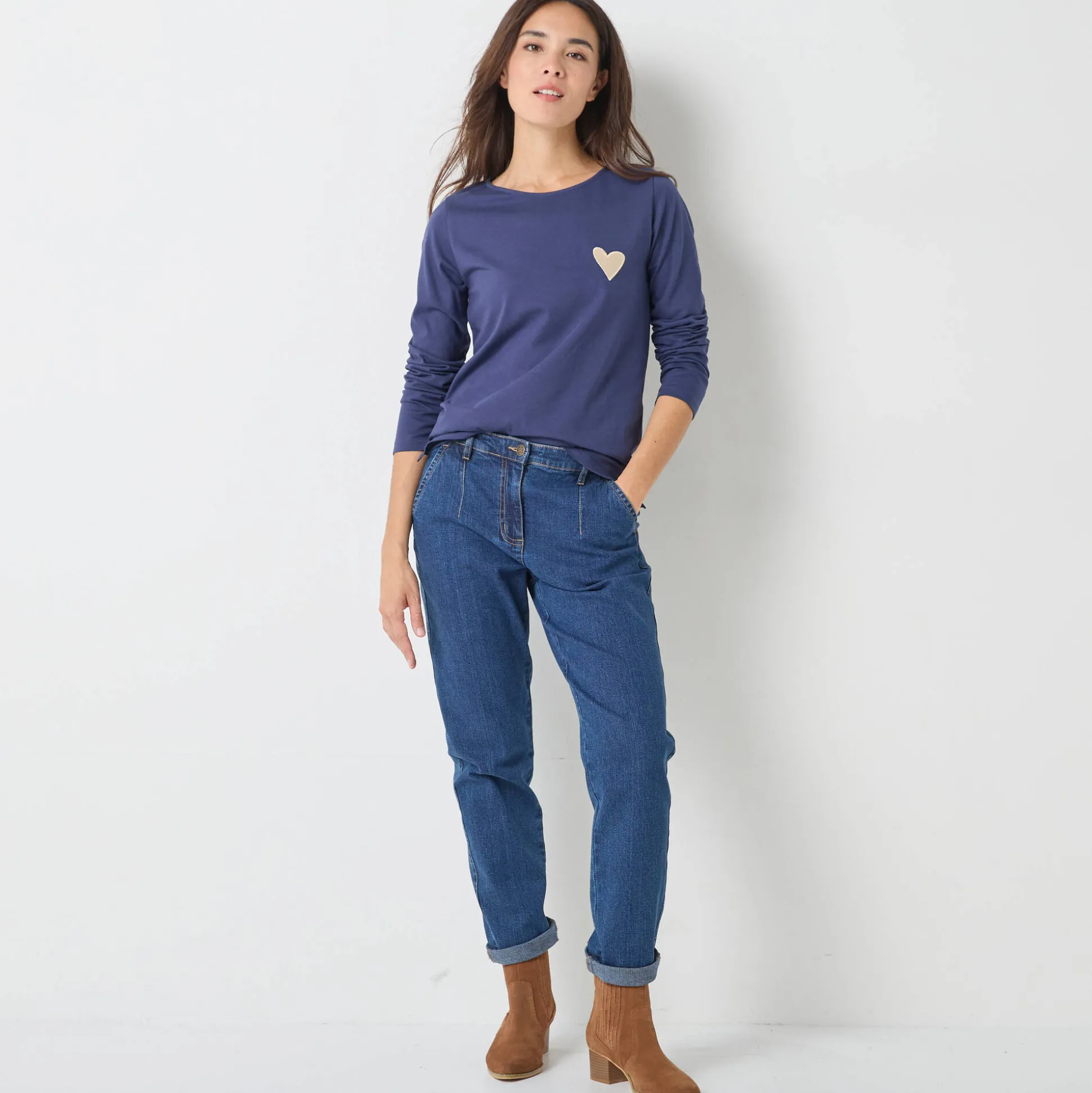 Marineshirt met lange mouwen, geborduurd hartje in effen of luipaard