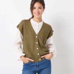 Mouwloos vest met knopen, patenttricot