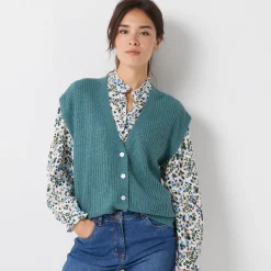Mouwloos vest met knopen, patenttricot