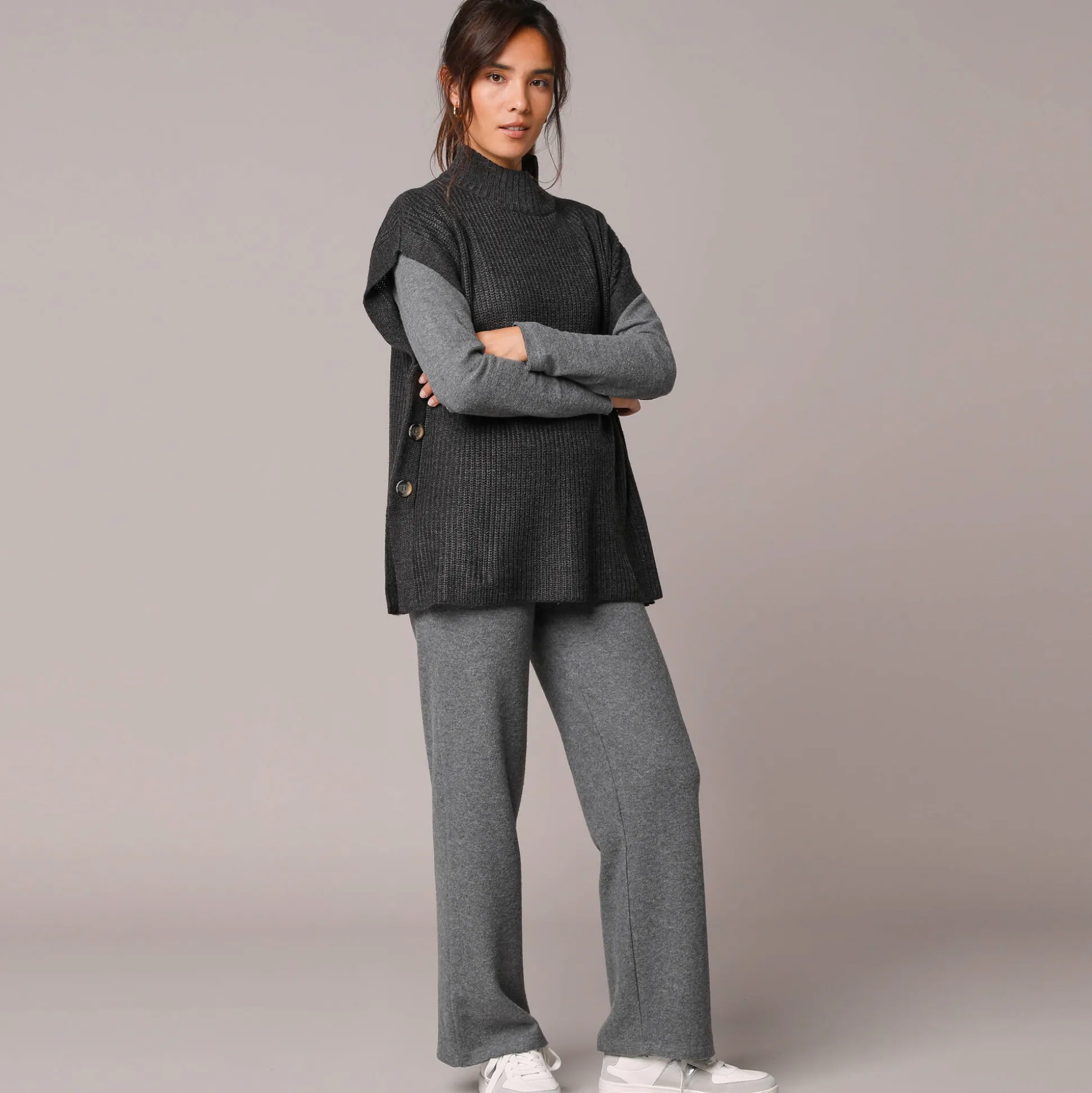 Mouwloze trui met opstaande kraag, pareltricot