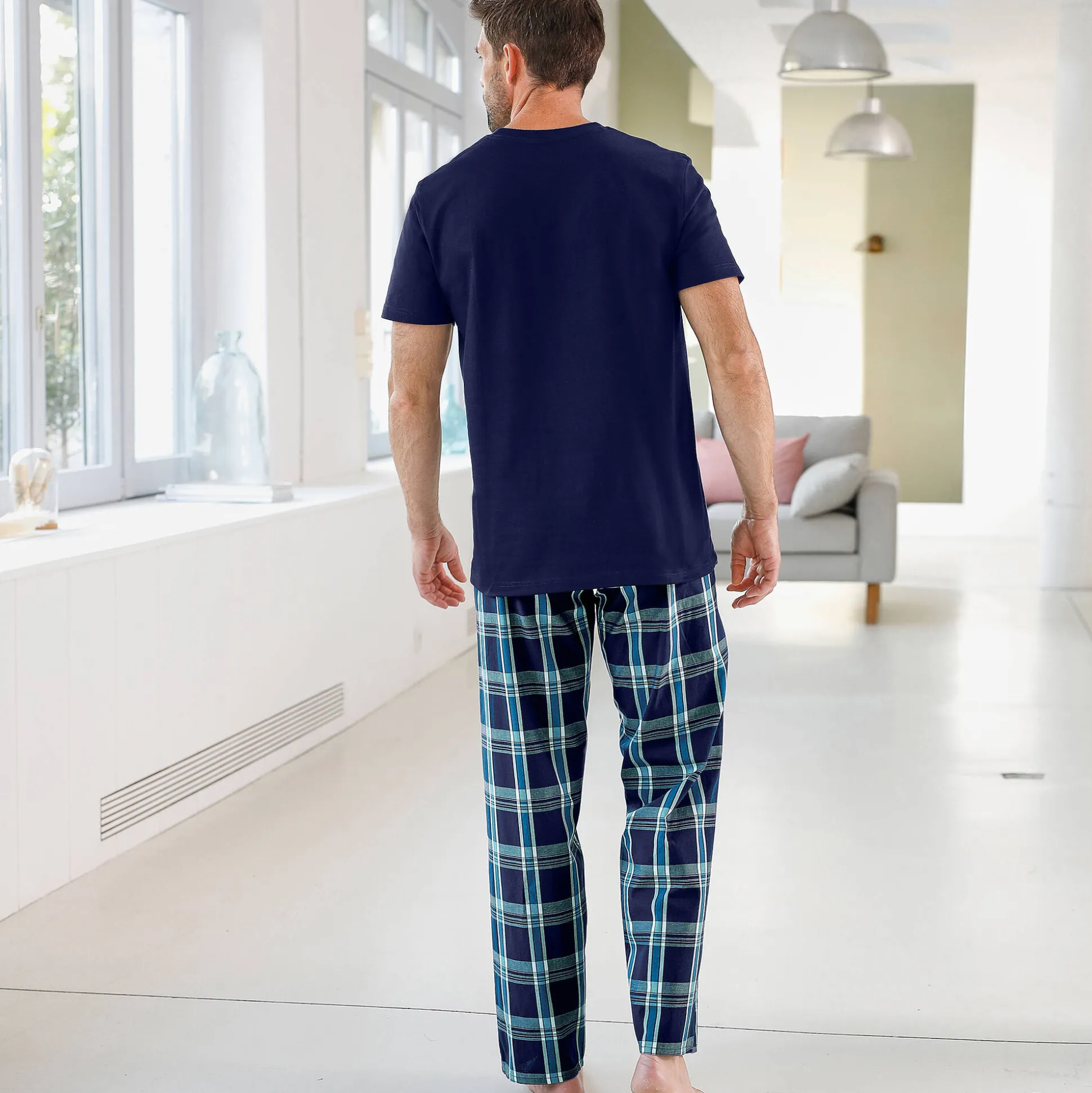 Pantalon pyjama uni + carreaux bas droits - lot de 2