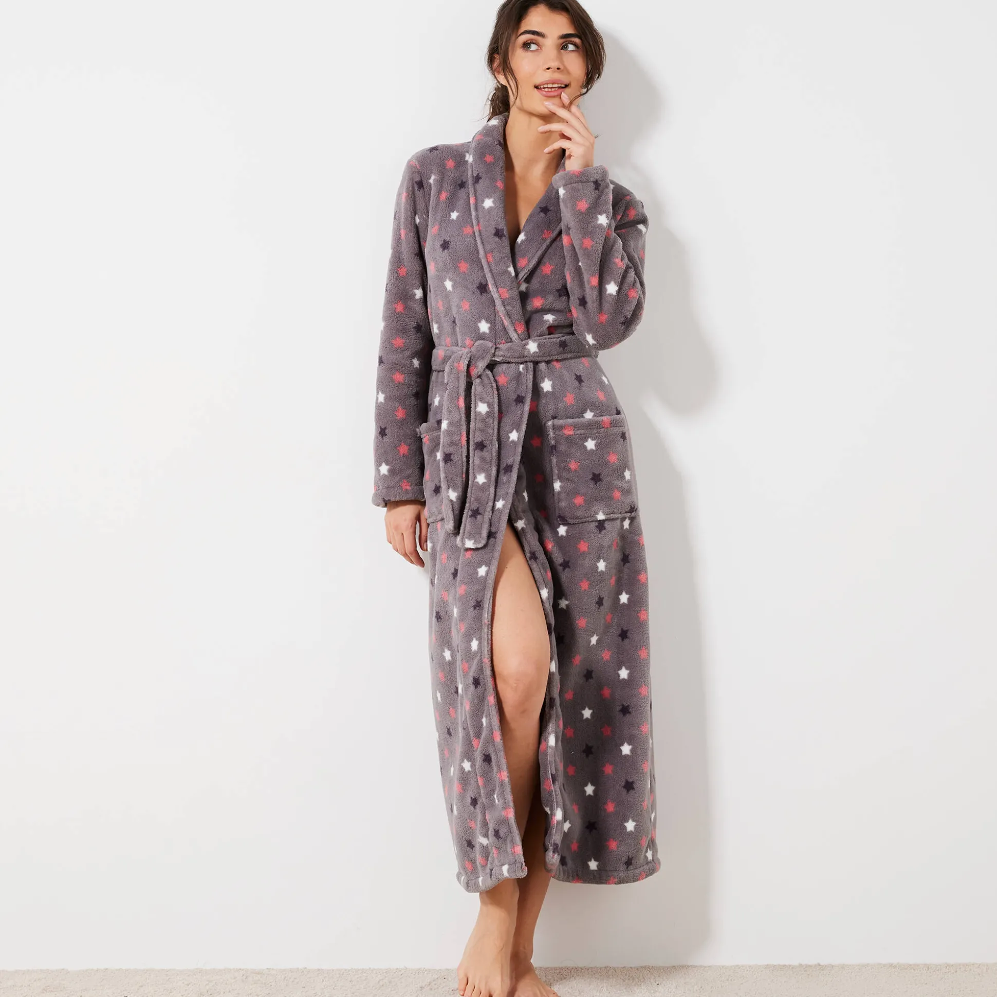 Peignoir in fleece met pluchetouch - 130 cm lang, lange mouwen