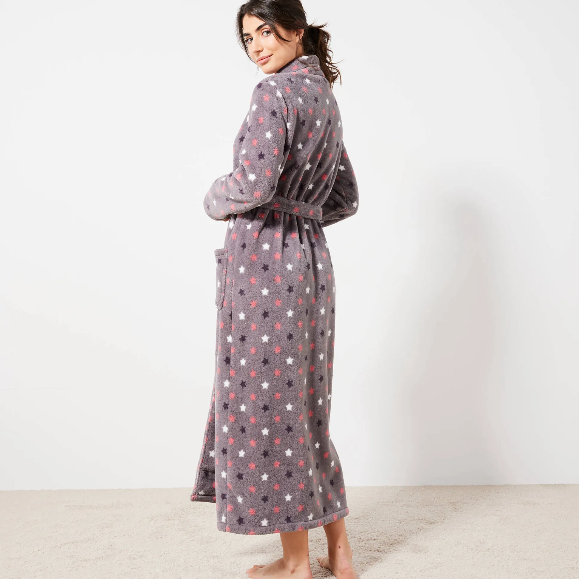 Peignoir in fleece met pluchetouch - 130 cm lang, lange mouwen