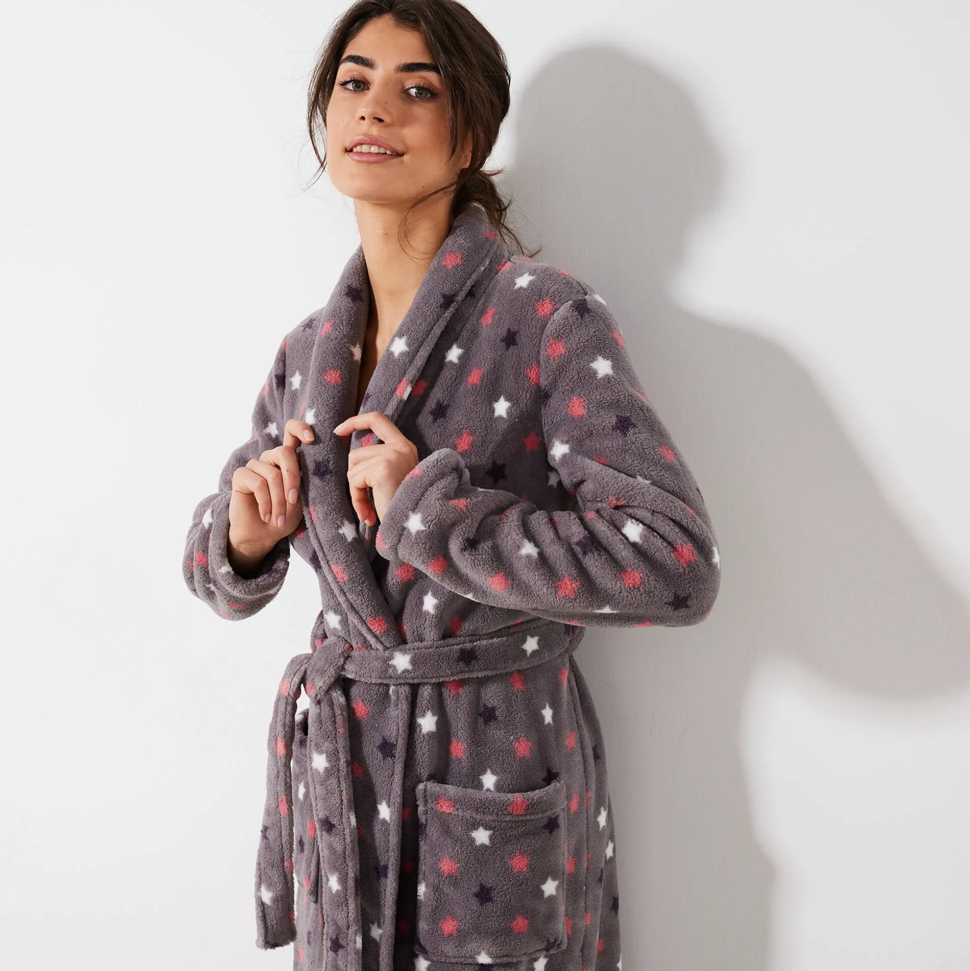 Peignoir in fleece met pluchetouch - 130 cm lang, lange mouwen