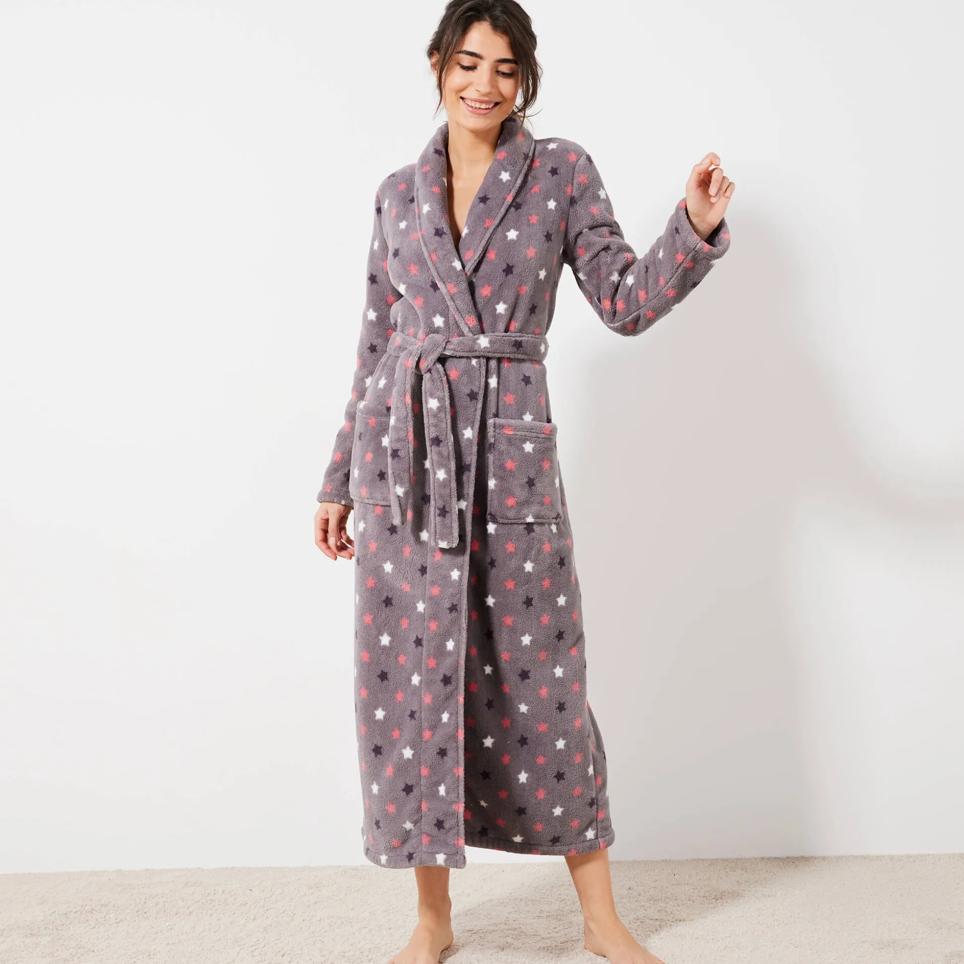 Peignoir in fleece met pluchetouch - 130 cm lang, lange mouwen