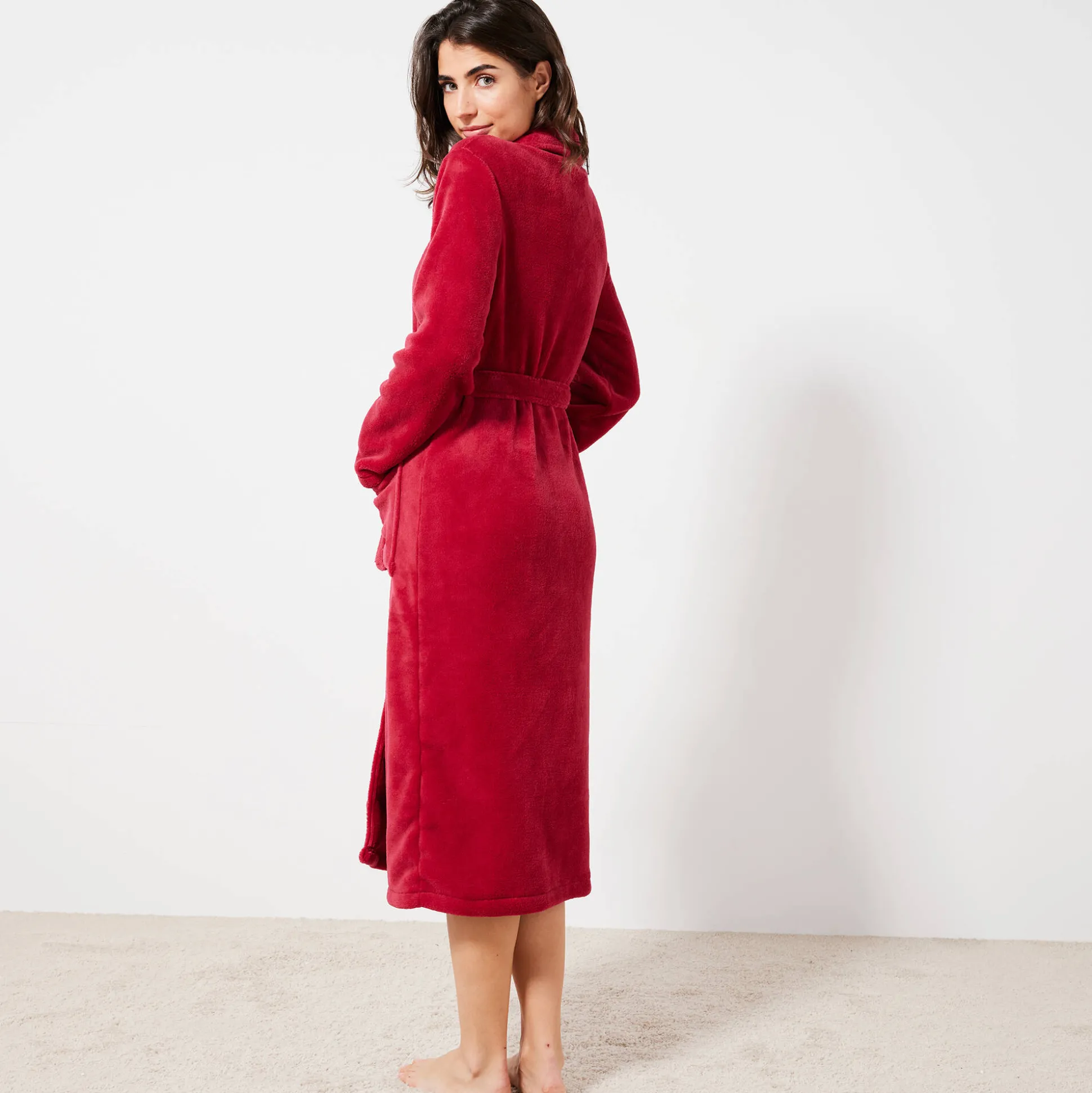 Peignoir in fleece met pluchetouch - 115 cm lang, lange mouwen