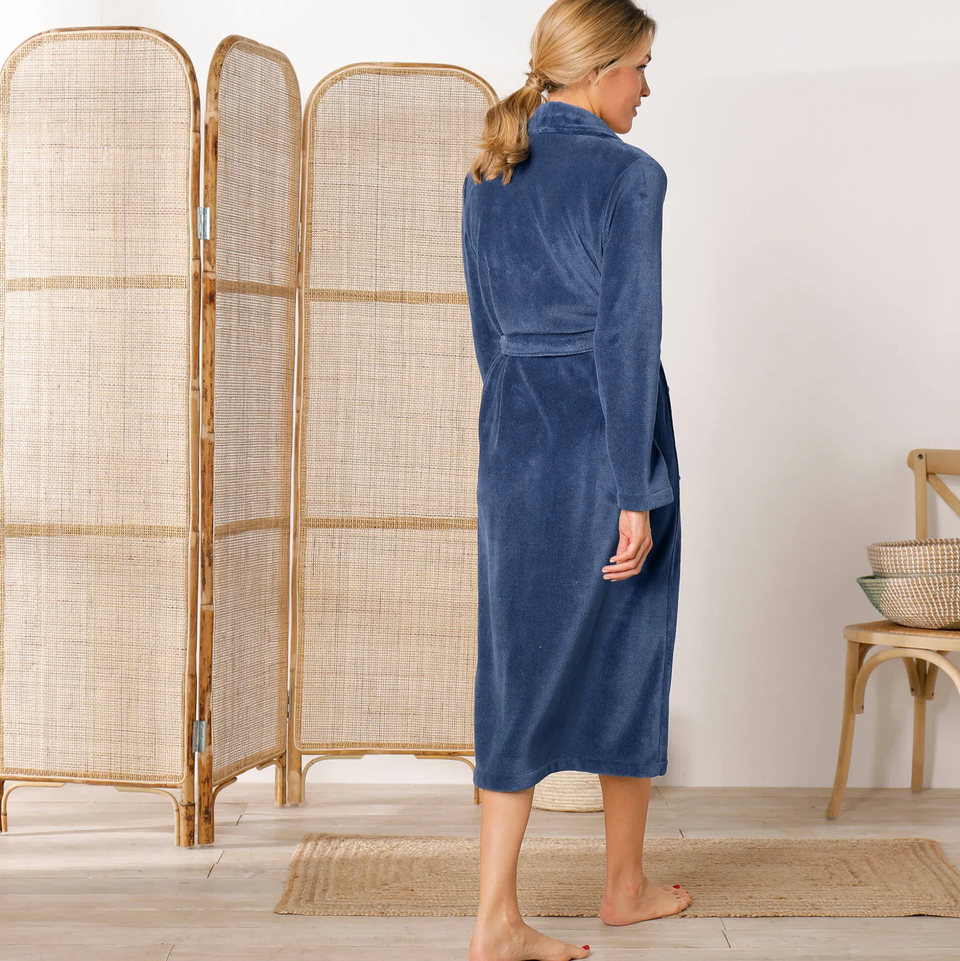 Peignoir in fleece met pluchetouch - 115 cm lang, lange mouwen