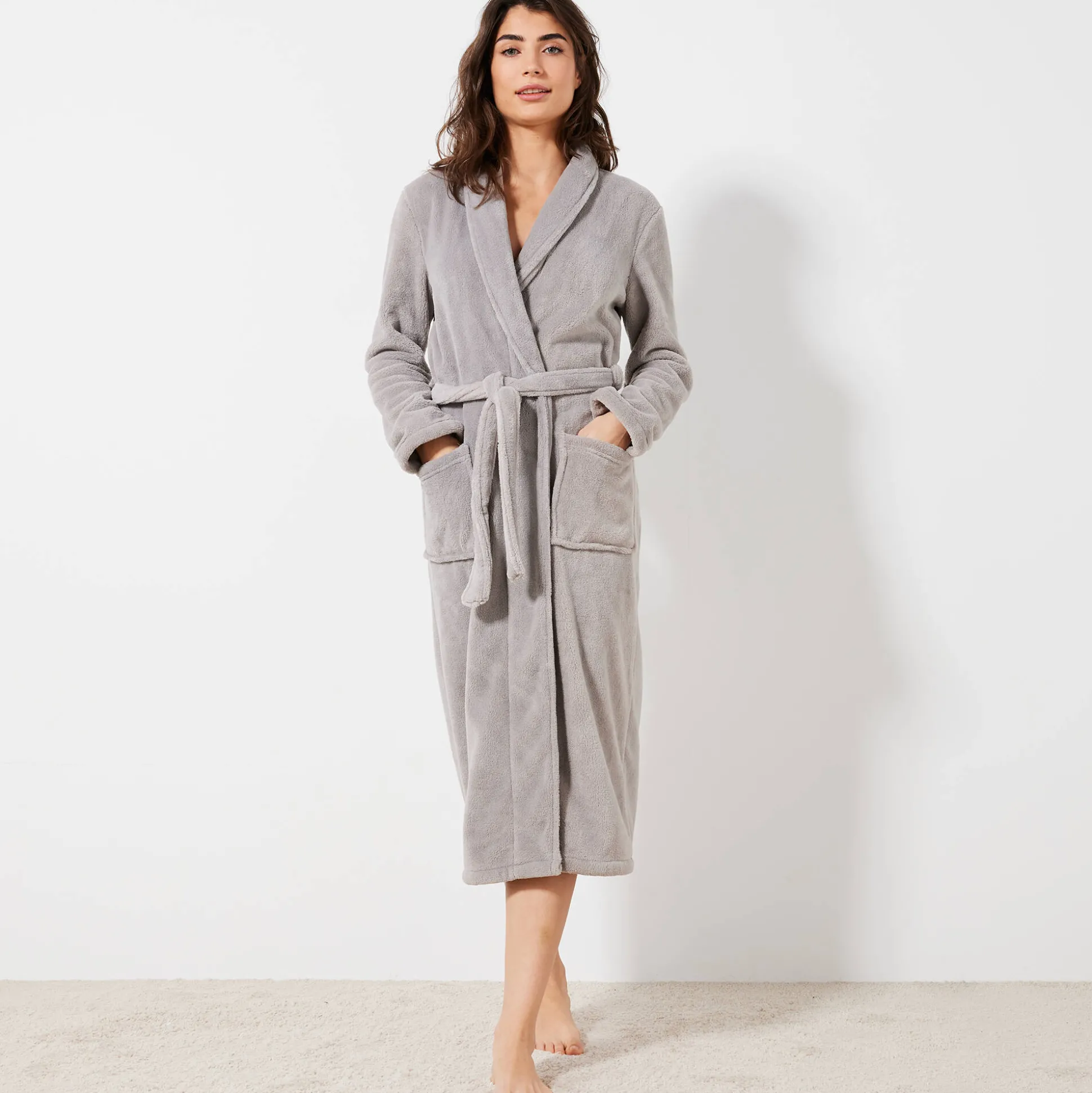 Peignoir in fleece met pluchetouch - 115 cm lang, lange mouwen