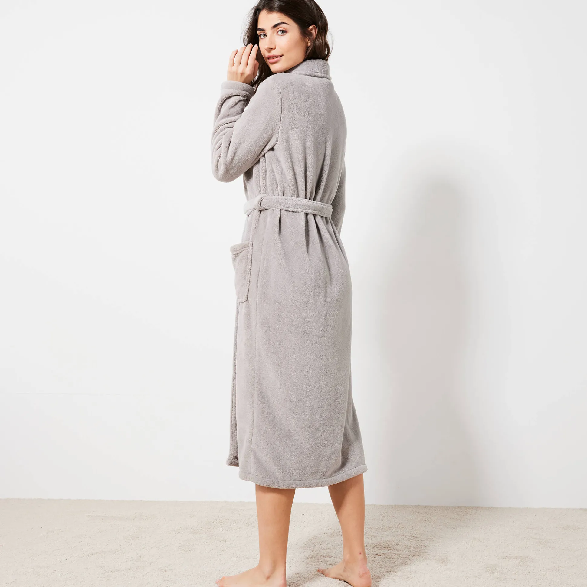 Peignoir in fleece met pluchetouch - 115 cm lang, lange mouwen
