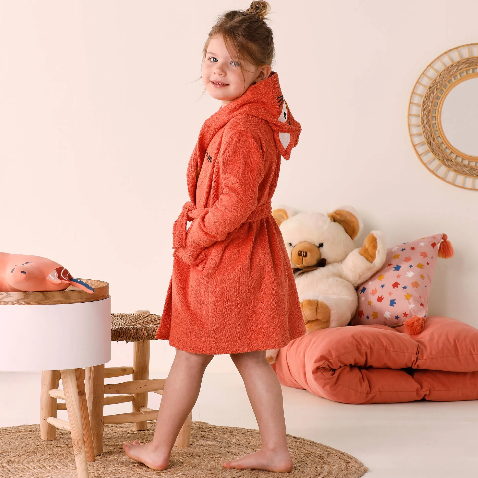 Personaliseerbare "vos" kinderbadjas met kap, katoenen badstof - 340 g/m²