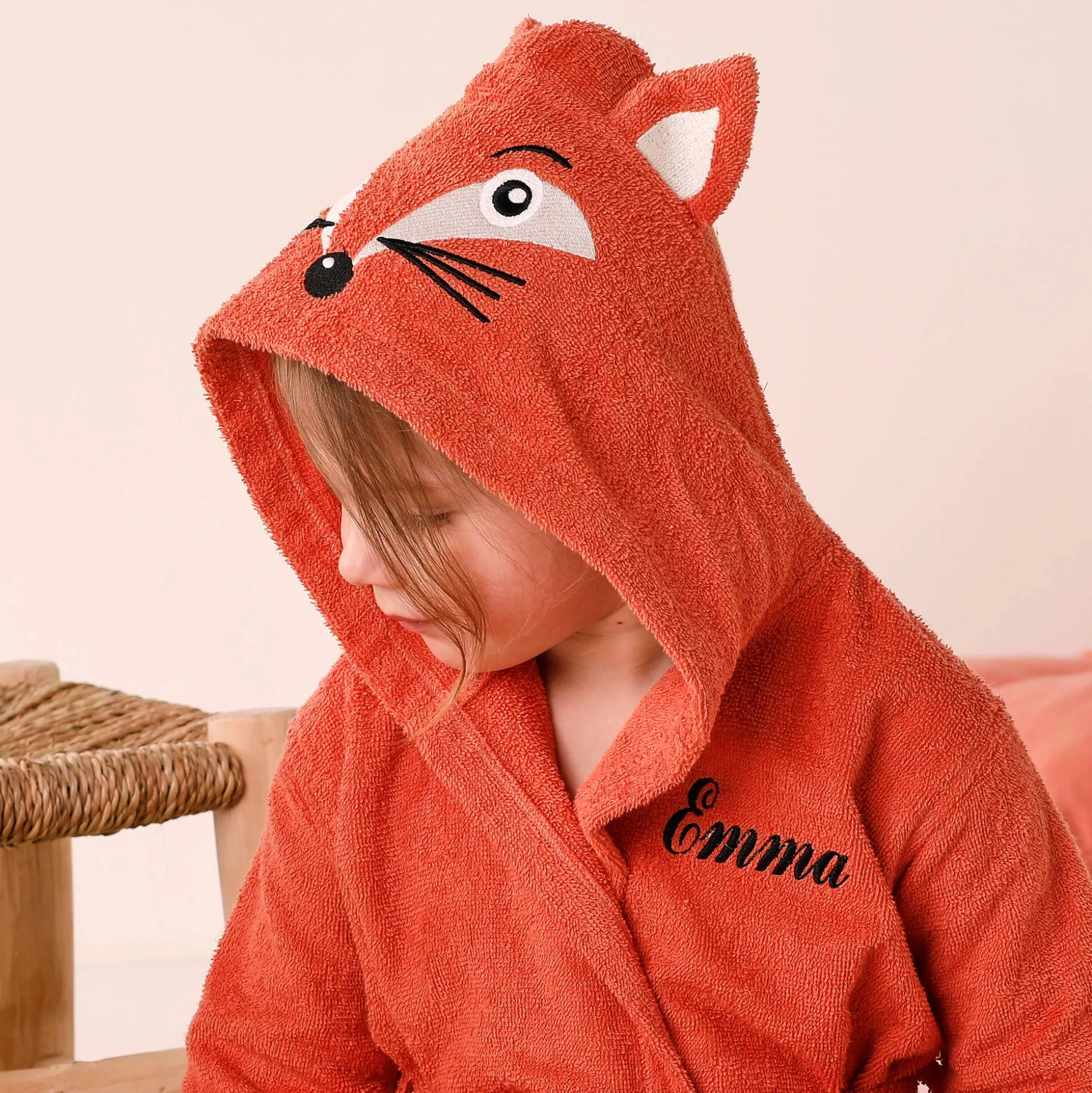 Personaliseerbare "vos" kinderbadjas met kap, katoenen badstof - 340 g/m²