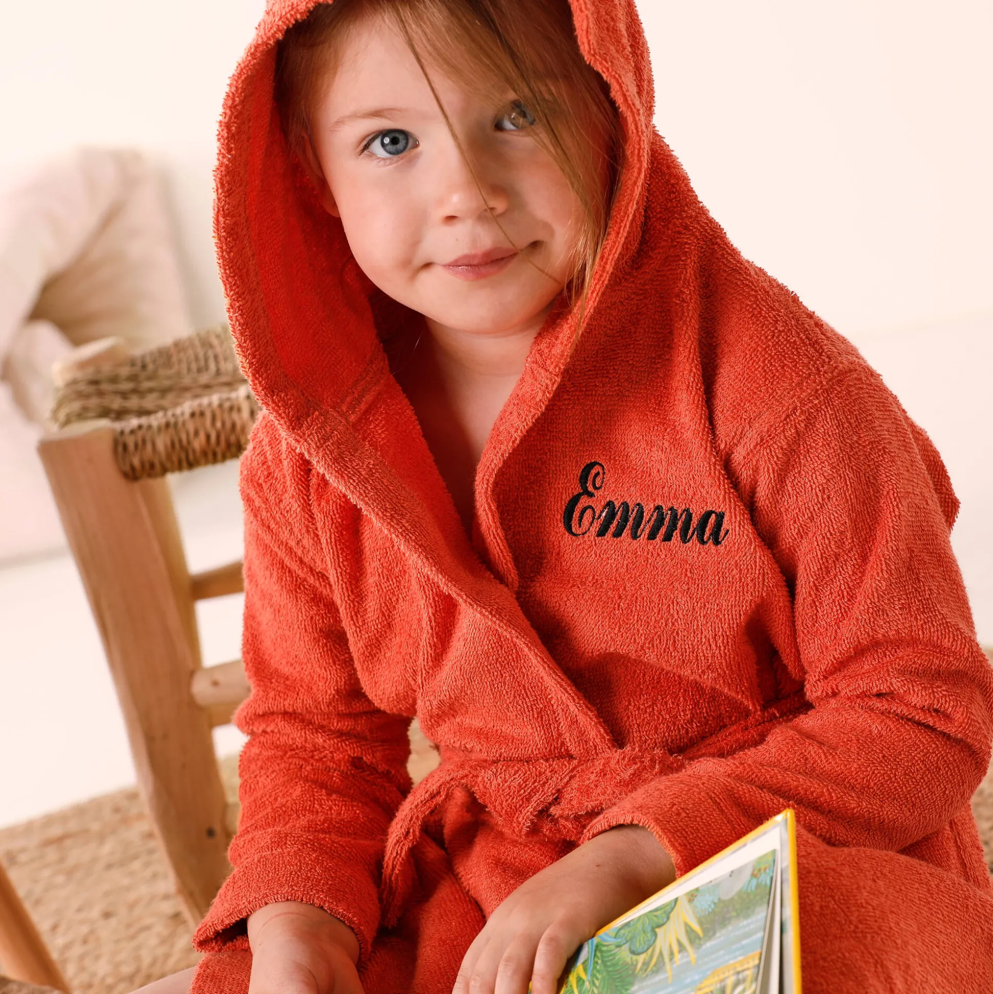 Personaliseerbare "vos" kinderbadjas met kap, katoenen badstof - 340 g/m²