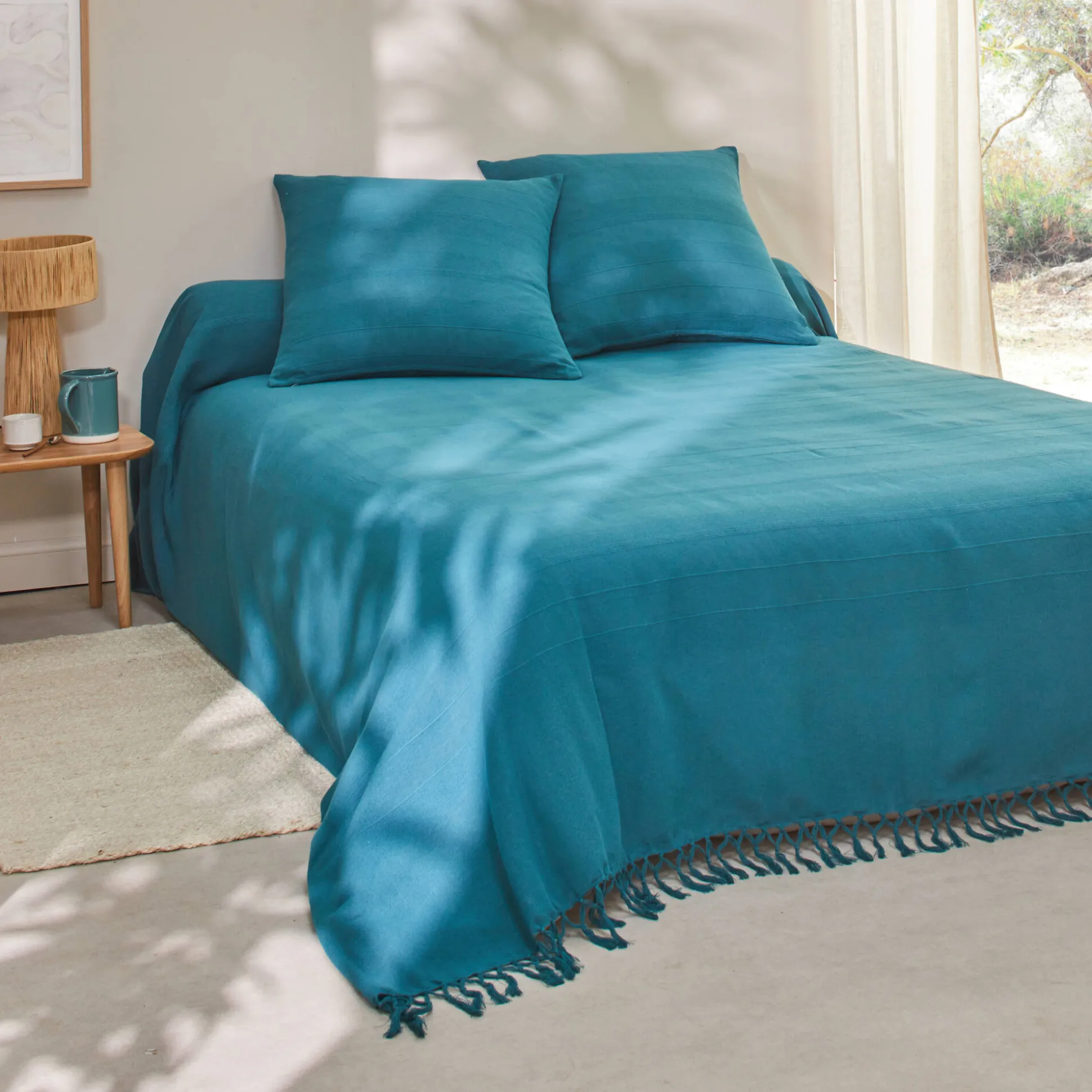 Plaid of sprei, effen katoen met artisanaal weefsel