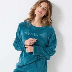 Pyjama in fleece met 'bonheur' borduursel, lange mouwen