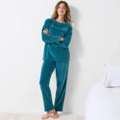 Pyjama in fleece met 'bonheur' borduursel, lange mouwen