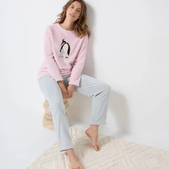 Pyjama in fleece met 'pinguïn' motief, lange mouwen