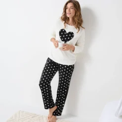 Pyjama in fleece met pluchetouch, hartjes- en stippenmotief