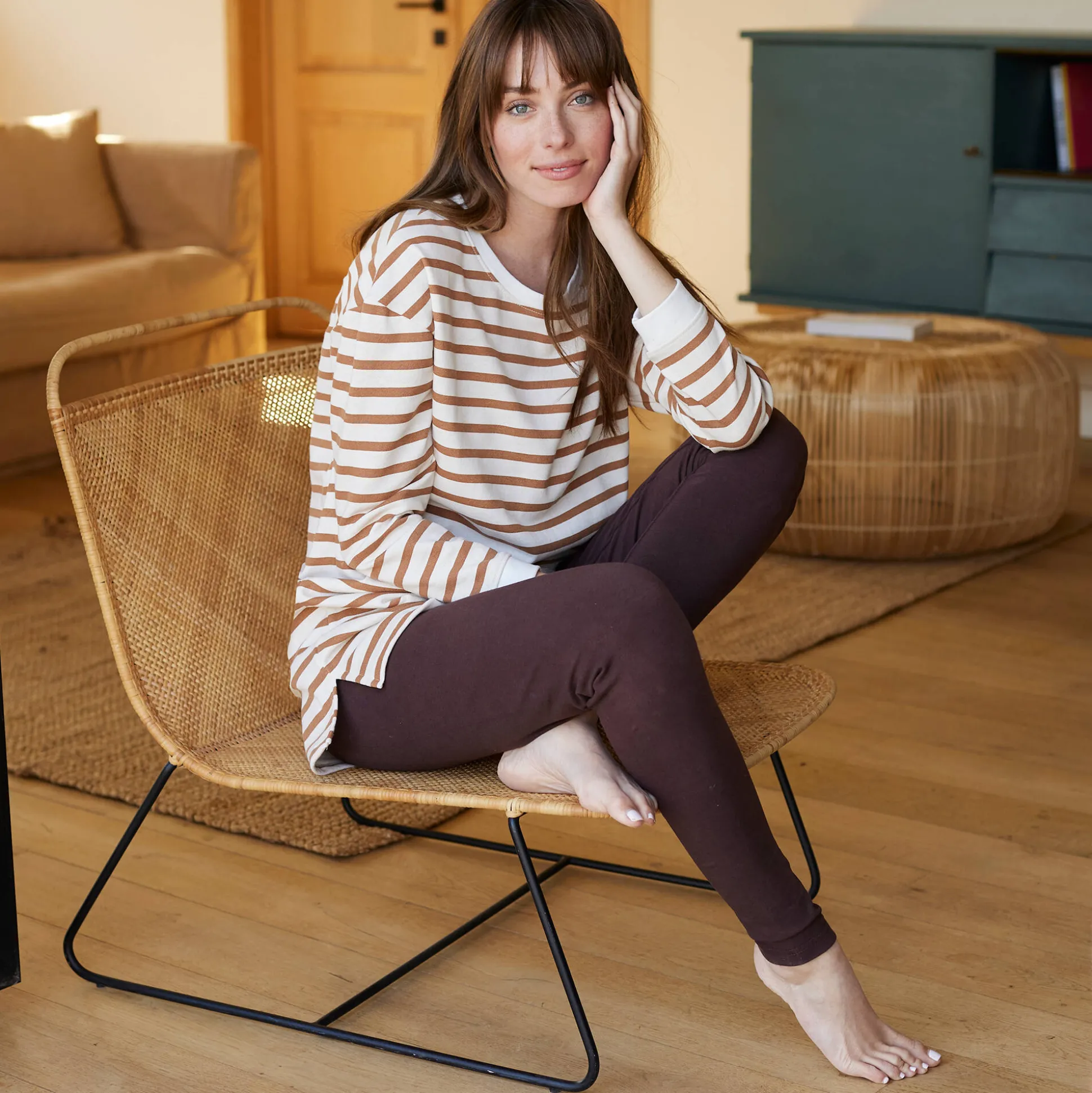 Pyjama in gestreept molton met legging