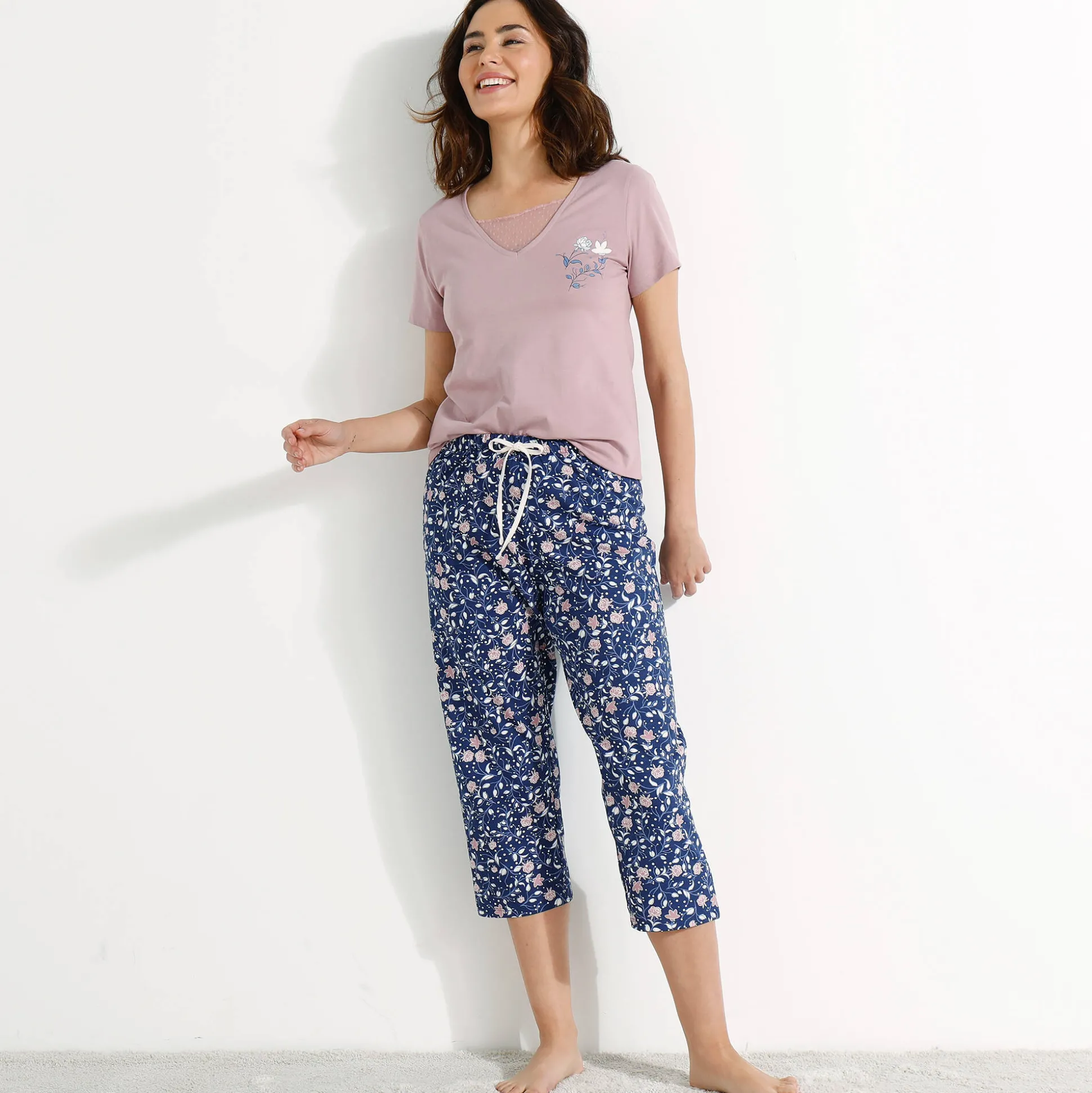 3/4-pyjamabroek in katoen met bloemenprint
