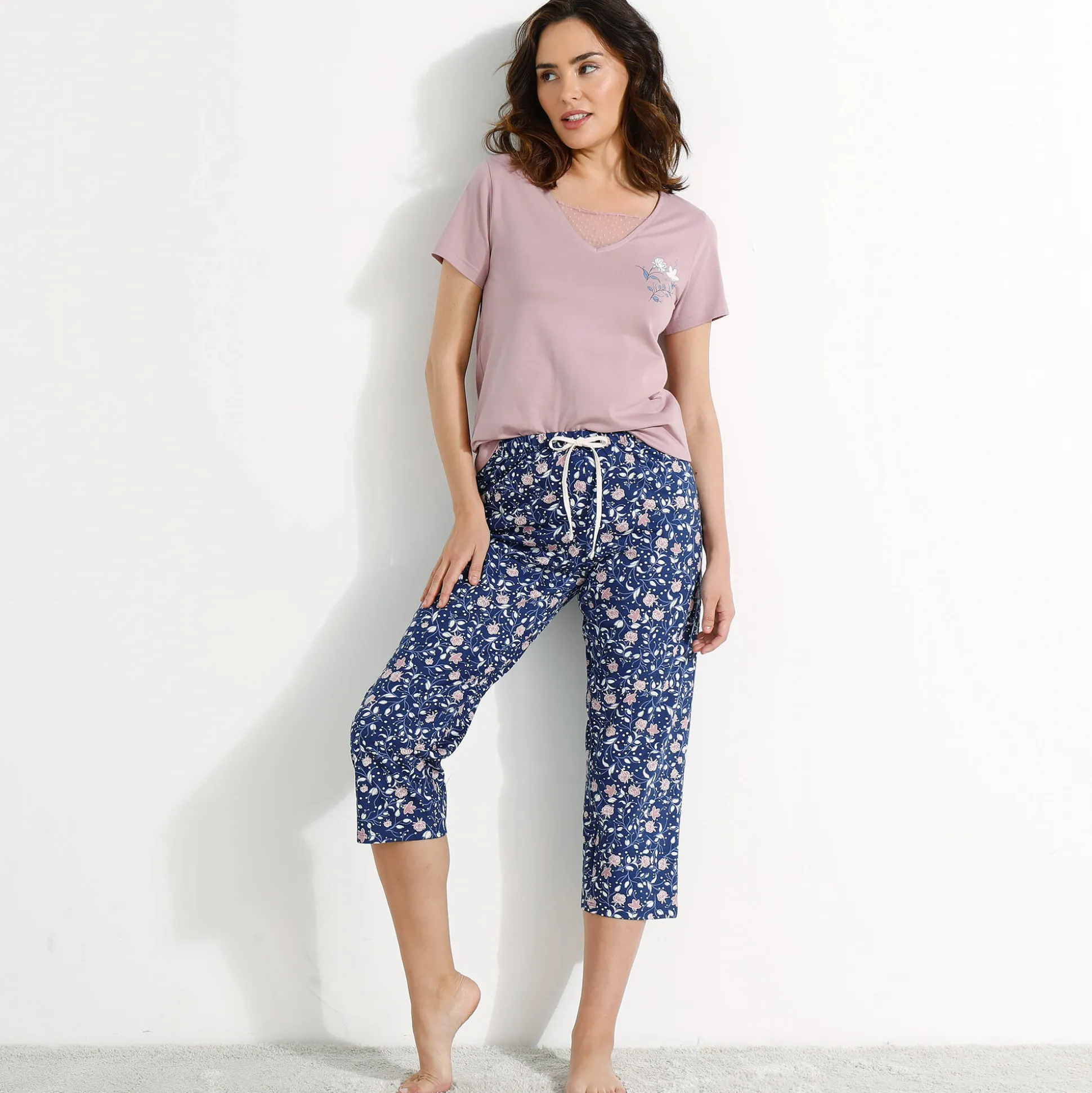 3/4-pyjamabroek in katoen met bloemenprint