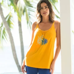Pyjamatopje in katoen en macramé - effen tropical