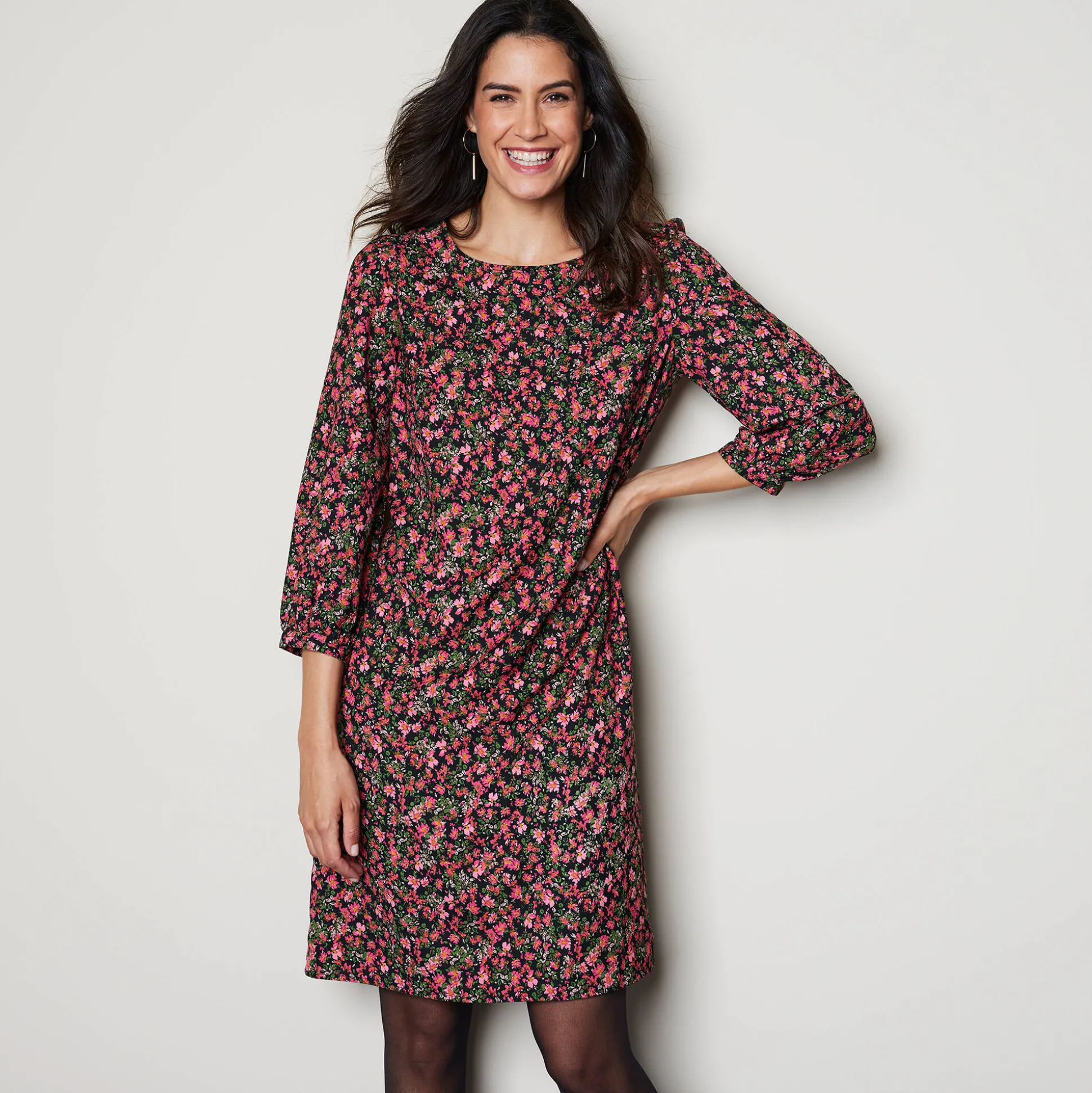 Rechte, bedrukte jurk met 7/8-mouwen