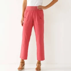 Rechte 7/8-broek met elastische taille, linnen/katoen