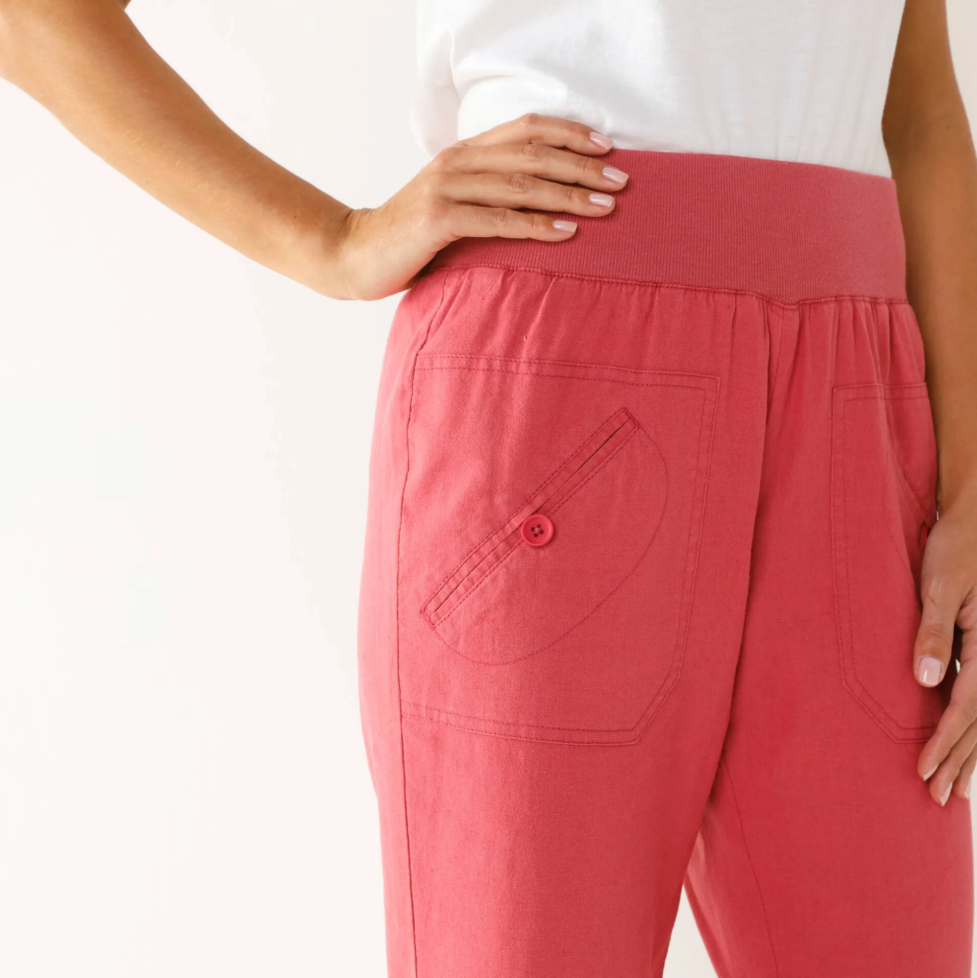 Rechte 7/8-broek met elastische taille, linnen/katoen