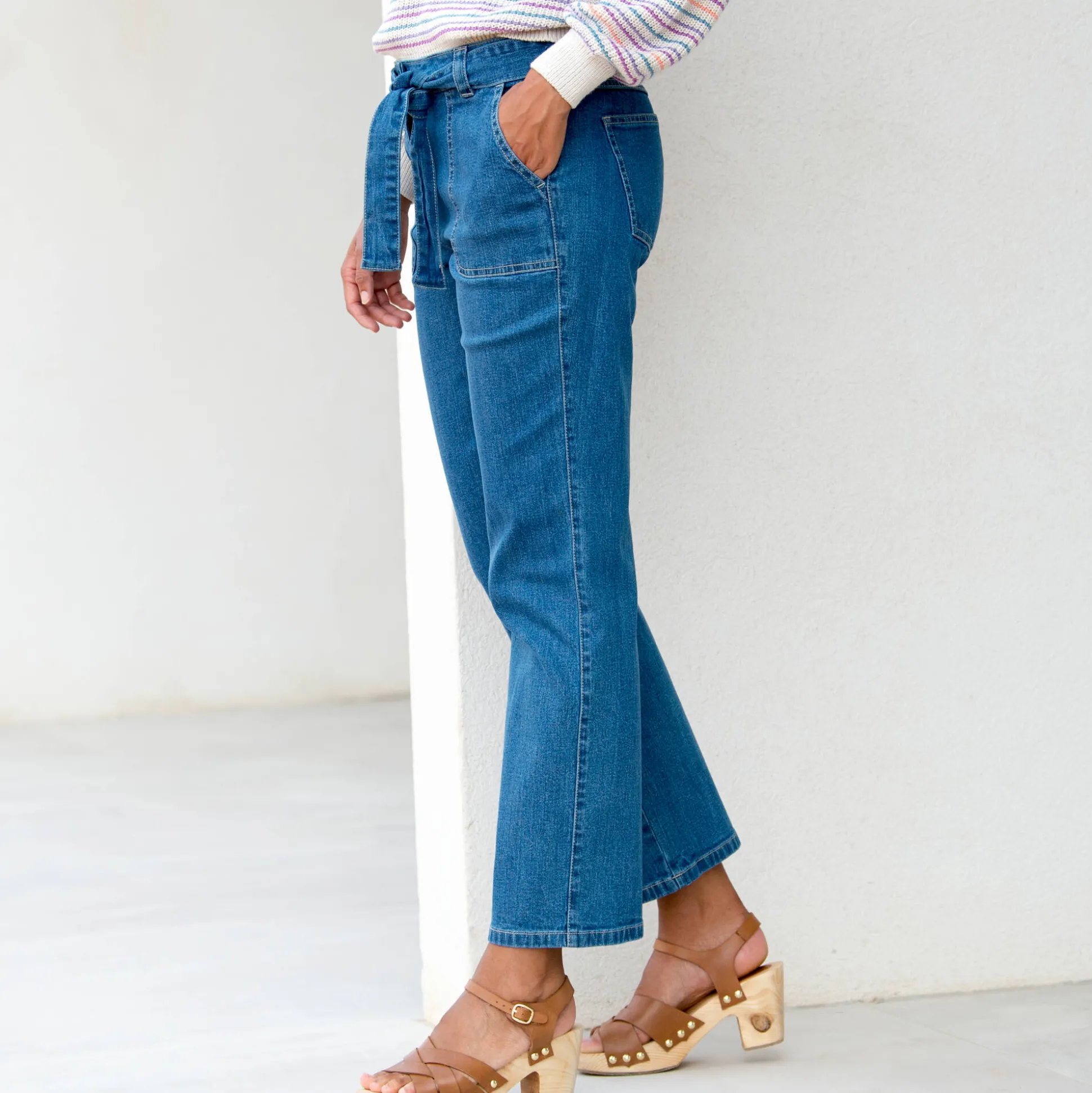 Rechte jeans met hoge taille, bindceintuur