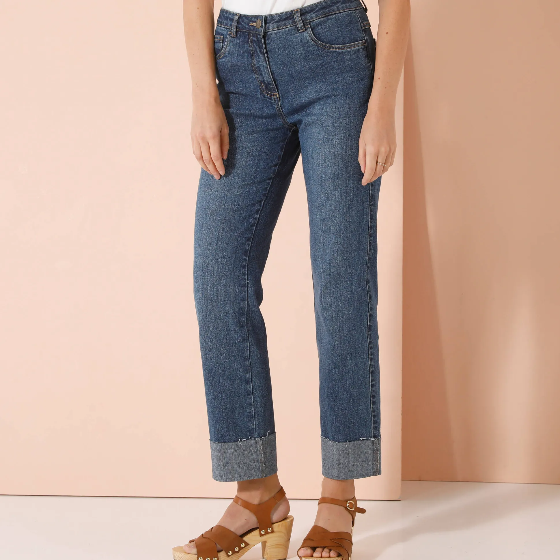 Rechte 7/8-jeans met omslag, hoge taille