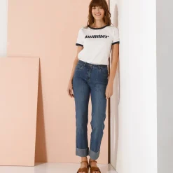 Rechte 7/8-jeans met omslag, hoge taille